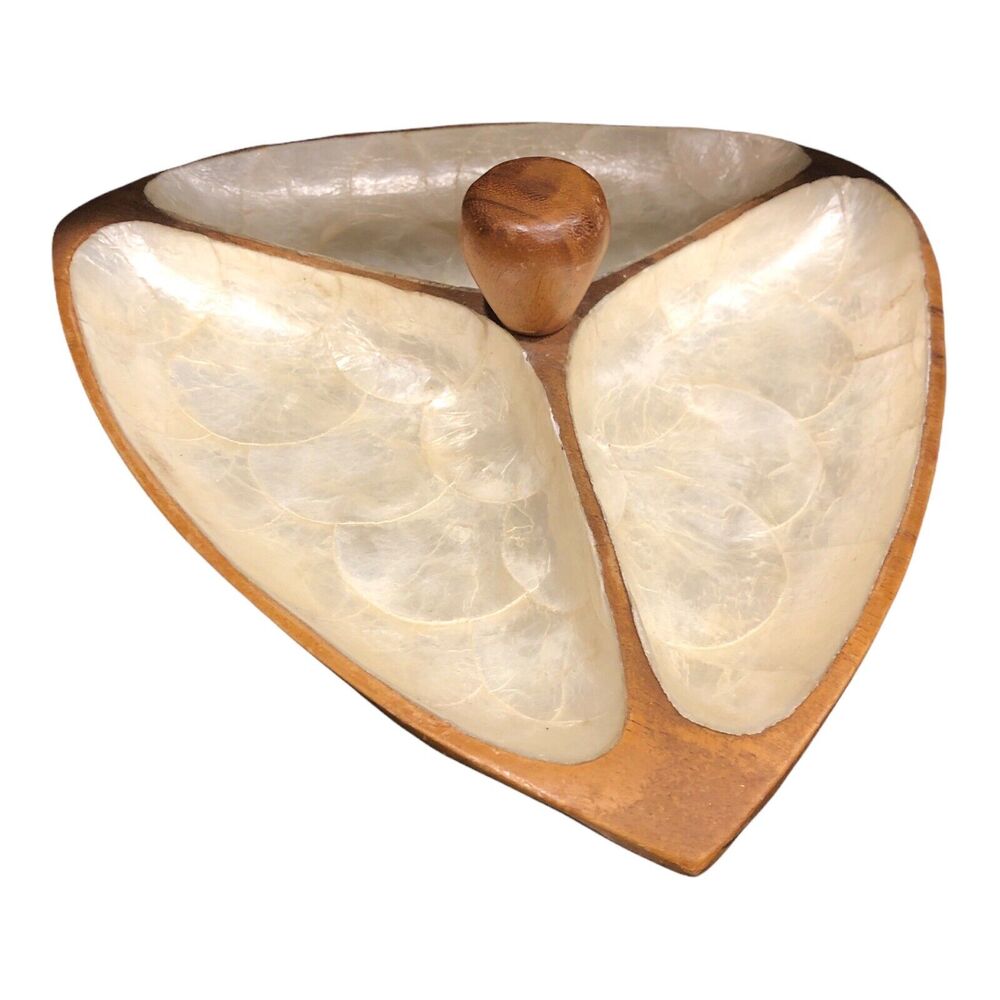 Vintage Acacia Wood & Capiz Shell 3 Compartment Section Serving Bowl Tray 12"‎